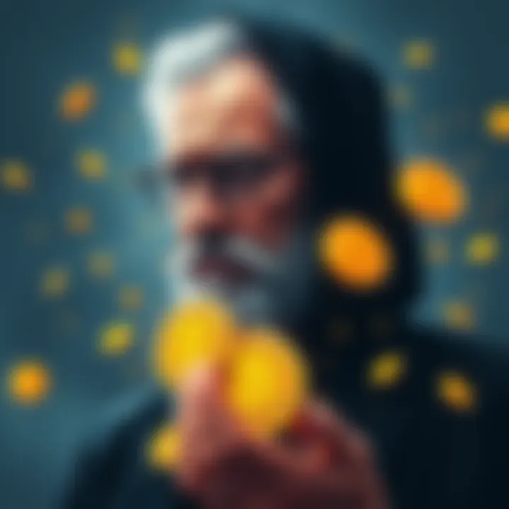 An illustration depicting a connection between Jeffrey Epstein and Bitcoin, with digital coins and a shadowy figure symbolizing anonymity.