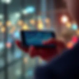 A person looking at a smartphone displaying the Erdo app interface, with visual indicators showing money and trading options.