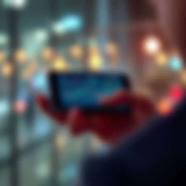 A person looking at a smartphone displaying the Erdo app interface, with visual indicators showing money and trading options.
