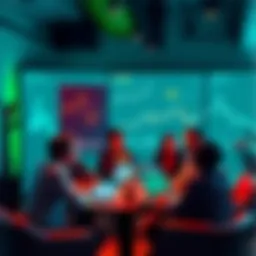 Ergo Community Gathering A group of people discussing investments in a relaxed setting, with charts and laptops showing crypto data around them.