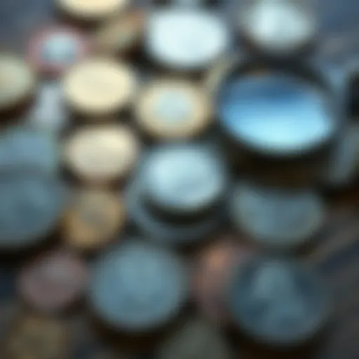 A close-up of various error coins spread on a wooden table, showcasing unique minting flaws and wear, with a magnifying glass nearby for examining details.