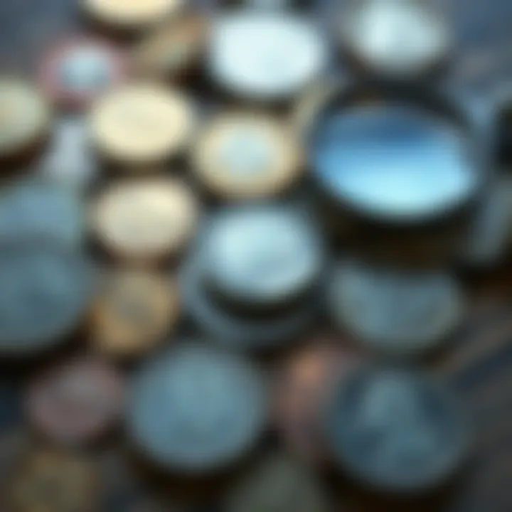 A close-up of various error coins spread on a wooden table, showcasing unique minting flaws and wear, with a magnifying glass nearby for examining details.