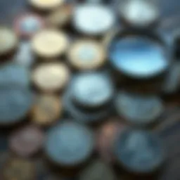 Error coins collection A close-up of various error coins spread on a wooden table, showcasing unique minting flaws and wear, with a magnifying glass nearby for examining details.