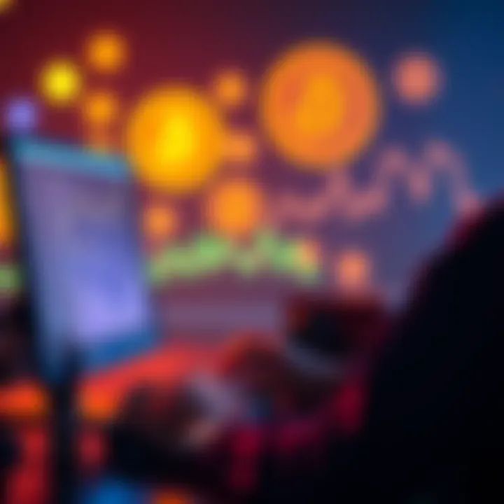 A person using a computer to explore escrow services for safe Bitcoin transactions, with Bitcoin symbols in the background.