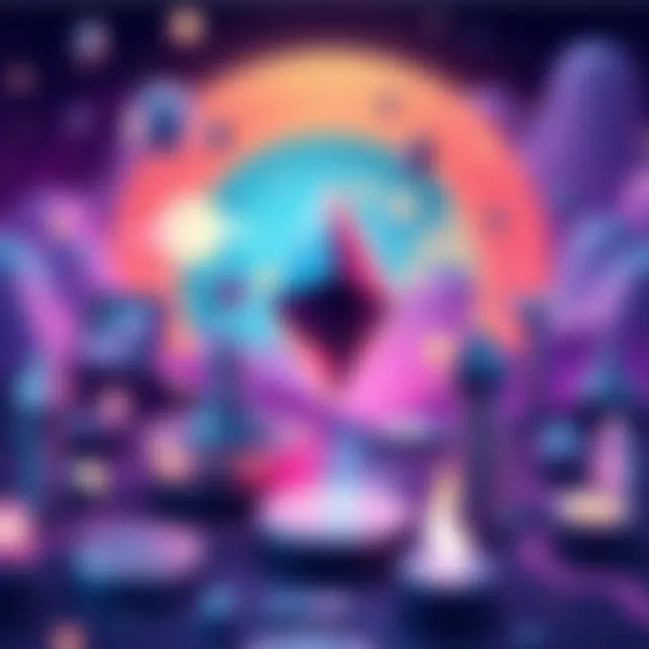 Illustration showing various uses of Ethereum including DeFi, NFTs, and online services