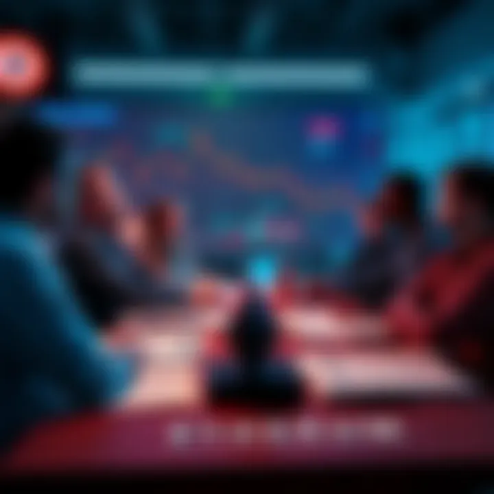 A group of people discussing Ethereum topics, with charts and news articles on a table