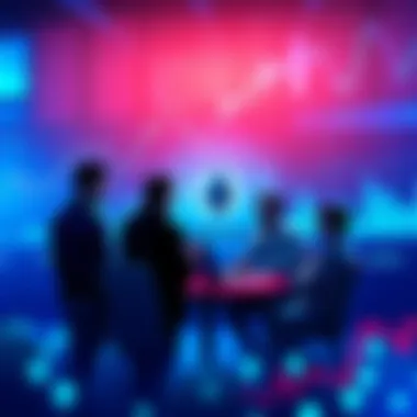 People engaging in a discussion about Ethereum and DeFi trends with graphs and charts in the background