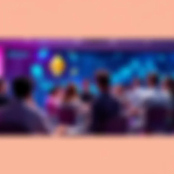 A group of people engaging in a lively discussion about Ethereum topics in a forum setting, with digital graphics representing cryptocurrency in the background.