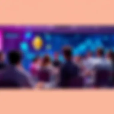 Ethereum Discussion Forum A group of people engaging in a lively discussion about Ethereum topics in a forum setting, with digital graphics representing cryptocurrency in the background.