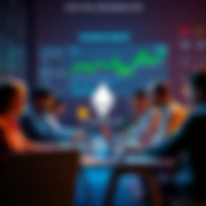 A group of people discussing Ethereum topics with laptops and charts in the background