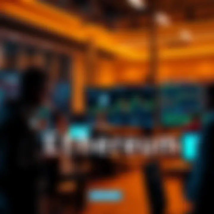 Group of people discussing Ethereum topics with charts and news on screens