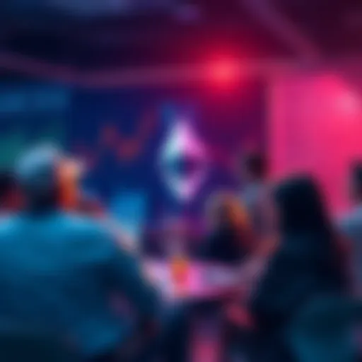 Ethereum Discussion Hub A group of people sharing insights about Ethereum with charts and news in the background
