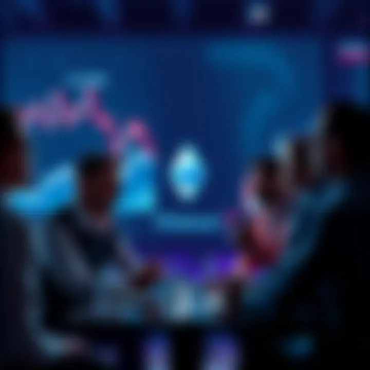 A group of people engaging in conversation about Ethereum with charts and graphs in the background.