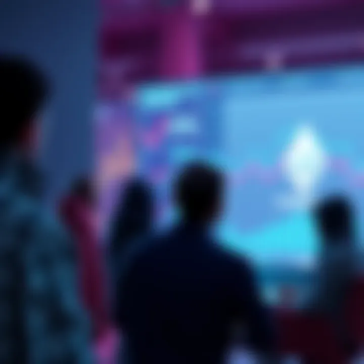 People engaging in conversation about Ethereum topics with charts and news articles in the background