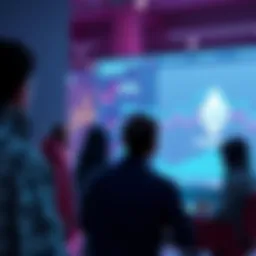 Ethereum Discussion People engaging in conversation about Ethereum topics with charts and news articles in the background