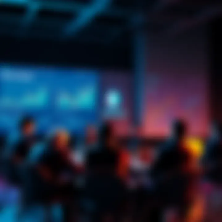 A group of people engaging in a discussion about Ethereum, with charts and news articles displayed on a screen in the background.