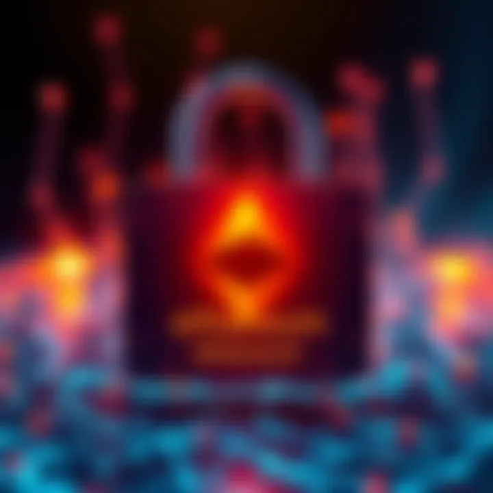 Ethereum Network Security Testing An illustration showing a digital padlock overlaying the Ethereum blockchain, symbolizing security testing and resilience against hacks.