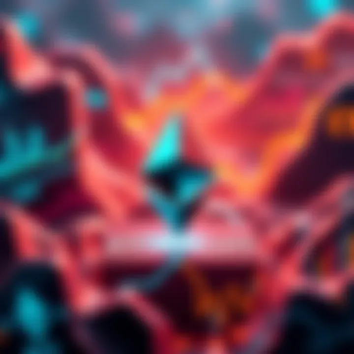 A visual representation of Ethereum's current state with $ETH symbol, showing charts indicating scalability improvements and recent updates, surrounded by digital graphics reflecting growth and innova...