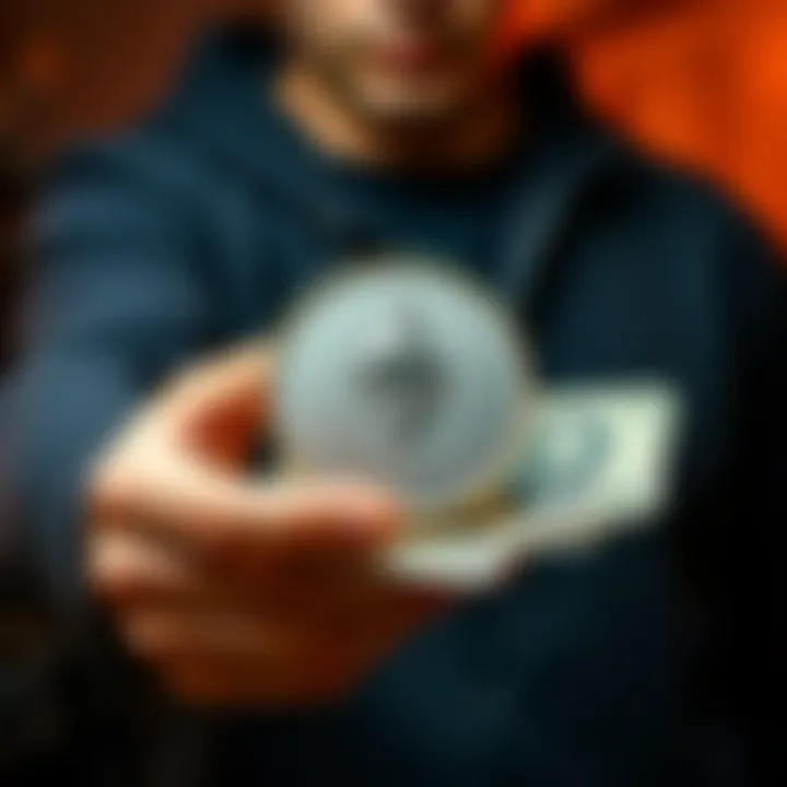A person holding an Ethereum logo and cash, symbolizing the hunt for empty Ethereum Pre-Sale addresses