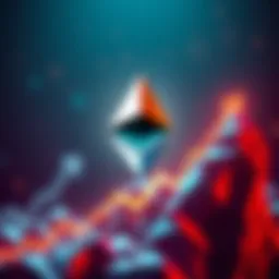 Ethereum Price Prediction A digital representation of Ethereum's logo with a rising graph depicting increasing value, symbolizing the prediction of reaching 100k.