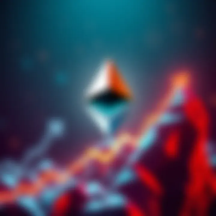 Ethereum Price Prediction A digital representation of Ethereum's logo with a rising graph depicting increasing value, symbolizing the prediction of reaching 100k.