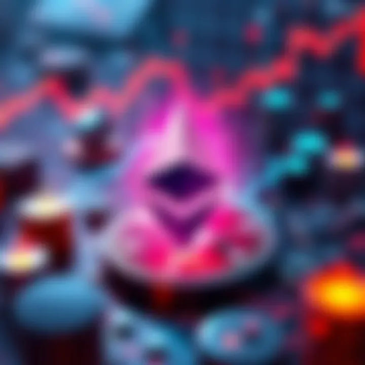 Ethereum logo surrounded by graphical representations of price charts and technology elements
