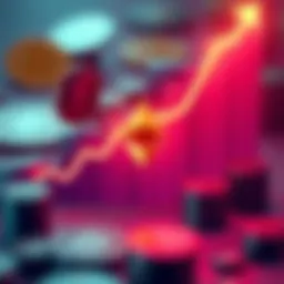 An upward graph showing Ethereum's price movement, with digital coins in the background representing growth and investment.