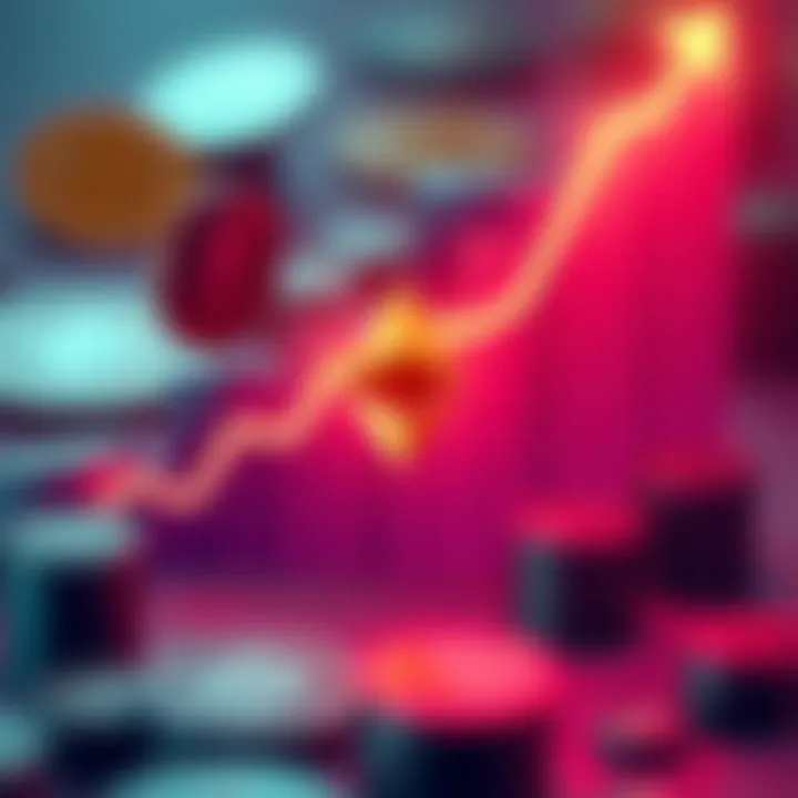 An upward graph showing Ethereum's price movement, with digital coins in the background representing growth and investment.