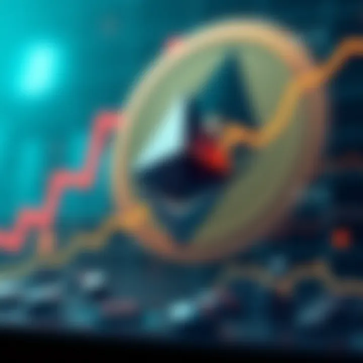 A graph showing a sharp increase in Ethereum's capacity with a digital currency symbol in the background.