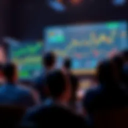 A group of people engaging in a discussion about Ethereum, with charts and graphs on a screen showing price trends and news updates.