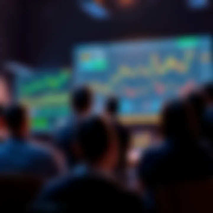 A group of people engaging in a discussion about Ethereum, with charts and graphs on a screen showing price trends and news updates.