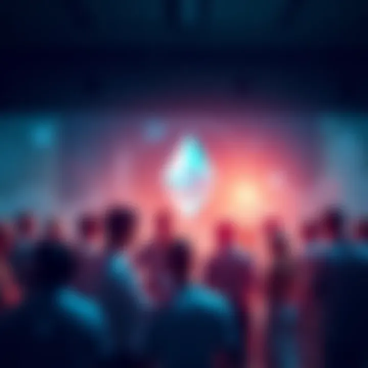 A group of people engaging in a conversation about Ethereum, sharing news and updates, with a digital Ethereum logo in the background.