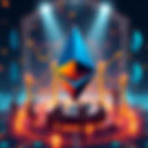 A vibrant representation of Ethereum's growth with developers collaborating on blockchain projects, emphasizing teamwork and innovation.