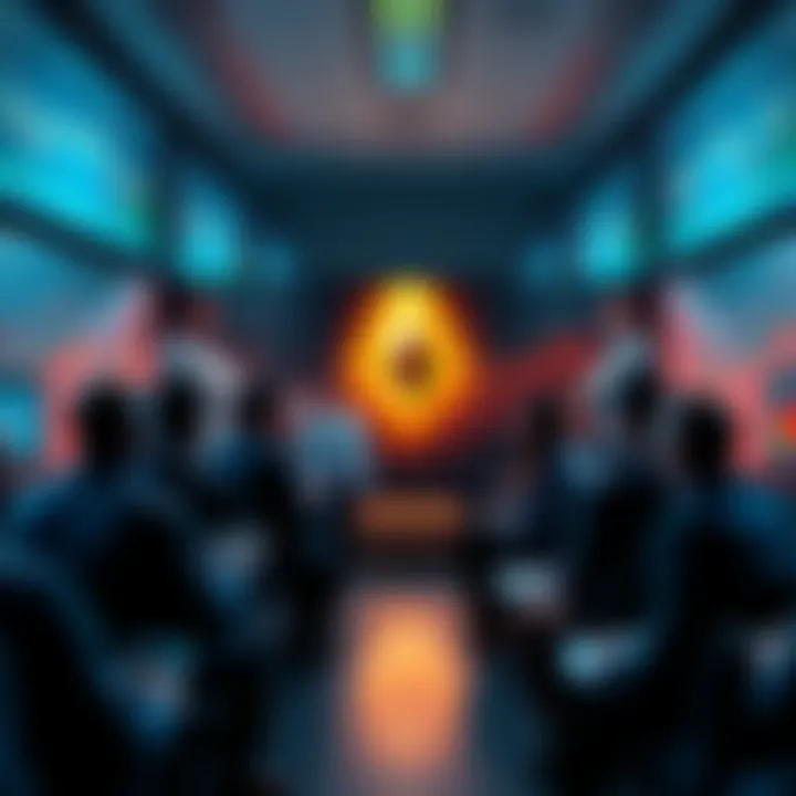 A group of people engaged in a lively discussion about Ethereum, surrounded by charts and digital screens displaying market trends.