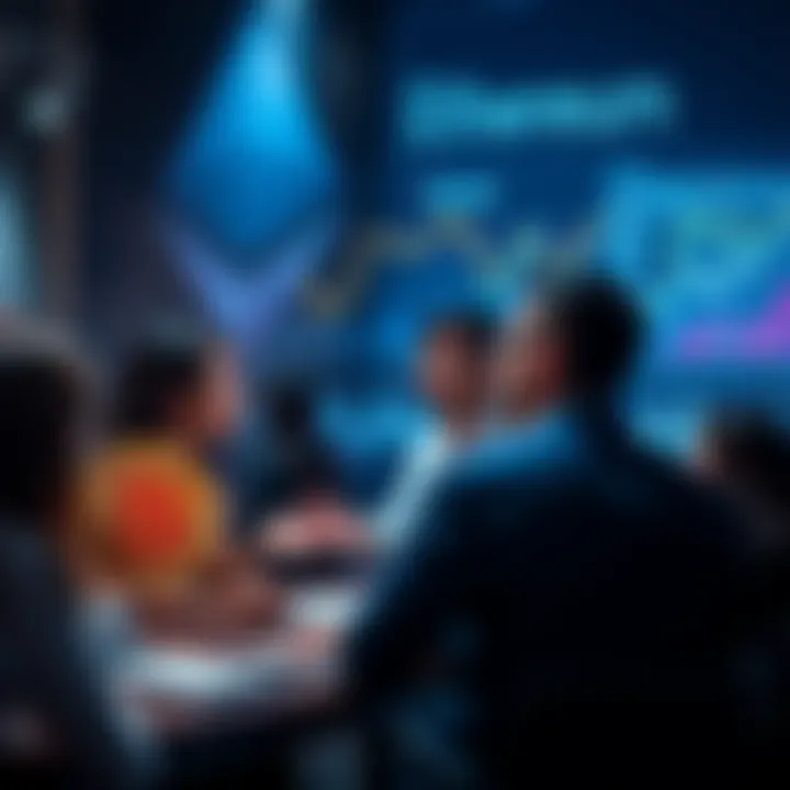 Ethereum Discussion A group of people discussing DeFi and Ethereum trends with graphs and charts in the background.
