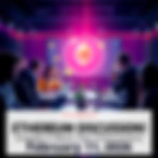 People engaging in a group discussion about Ethereum, sharing news and updates, with laptops and mobile devices present.