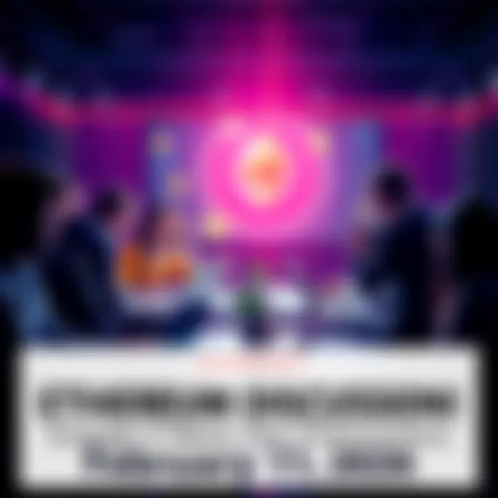 People engaging in a group discussion about Ethereum, sharing news and updates, with laptops and mobile devices present.