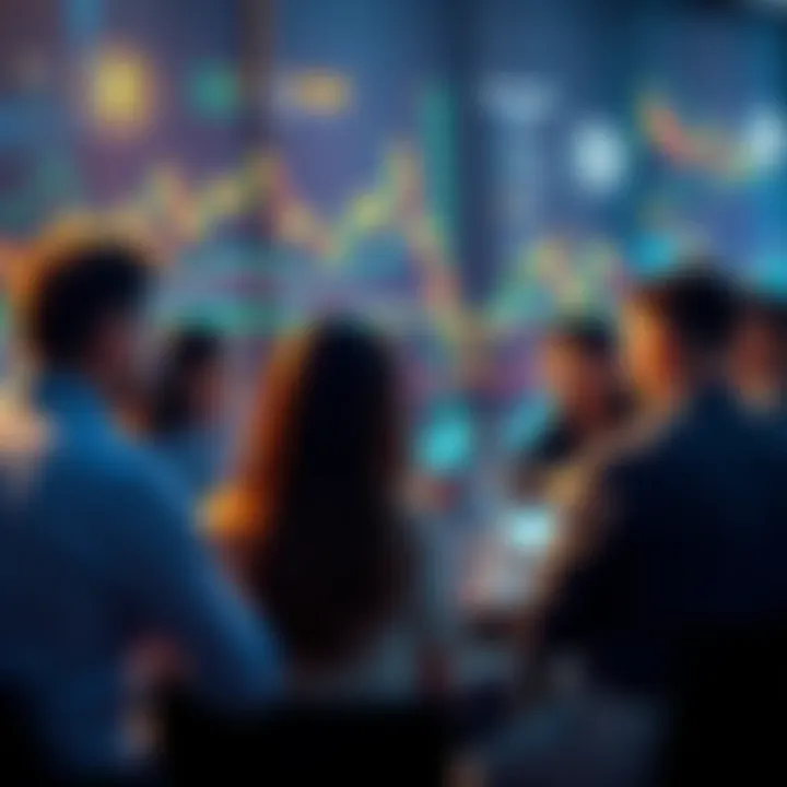 A group of people engaging in a discussion about Ethereum on a forum, with charts and graphs showing price trends displayed in the background.