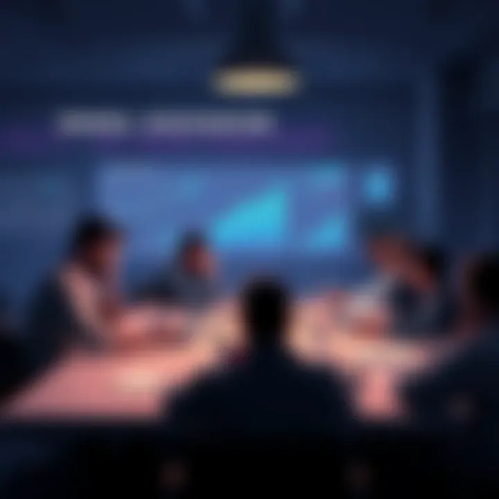 A group of people discussing Ethereum trends and news at a table, with laptops and charts visible