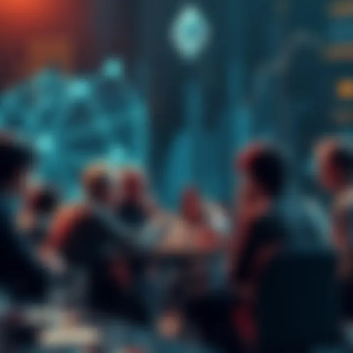 A group of people discussing Ethereum, sharing news and events, with a digital backdrop of blockchain graphics