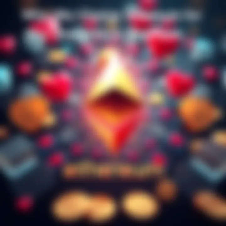 Ethereum logo surrounded by donation icons like hearts and coins