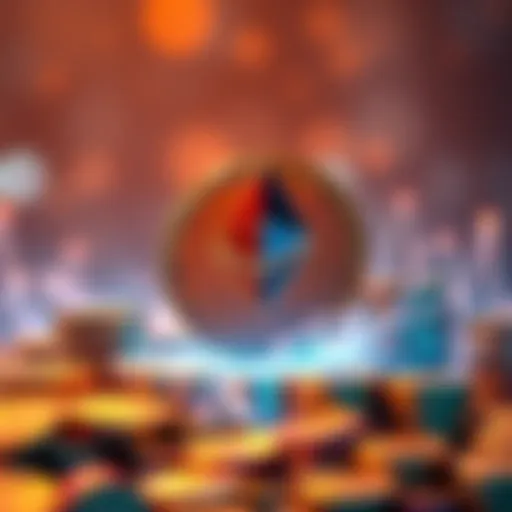 Visual representation of Ethereum staking with 70,000 ETH symbolized by coins and rewards being allocated for research and grants