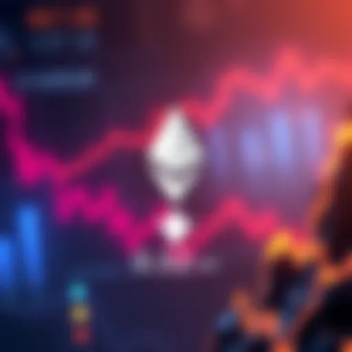 Graphic showing Ethereum logo with a downward arrow and gas prices at 0.032 Gwei, indicating a decrease in costs and increase in active addresses.