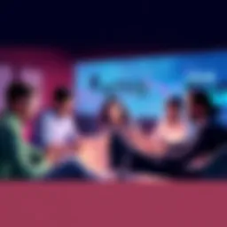 A group of people discussing Ethereum trends and prices with laptops and charts around them.