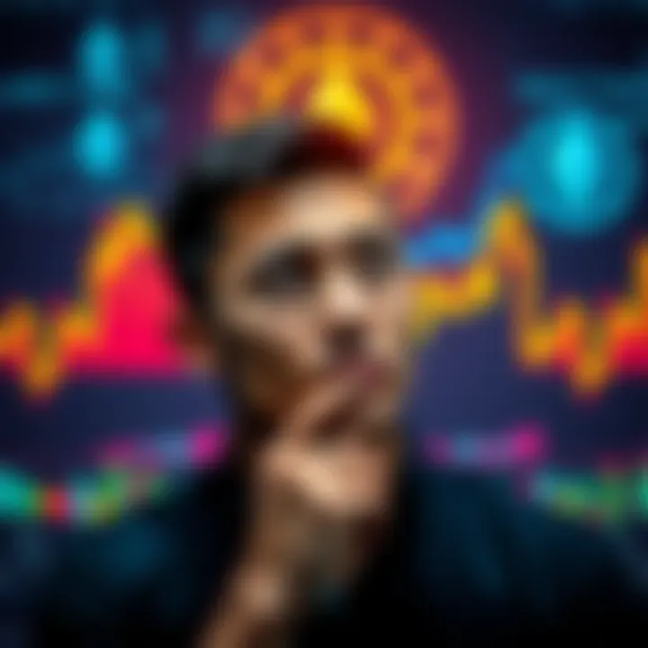 A person contemplating Ethereum investment with charts and graphs in the background highlighting its future potential.