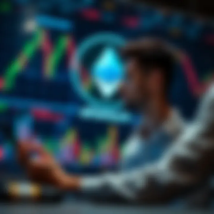 Person analyzing cryptocurrency options with Ethereum logo and financial charts in the background.