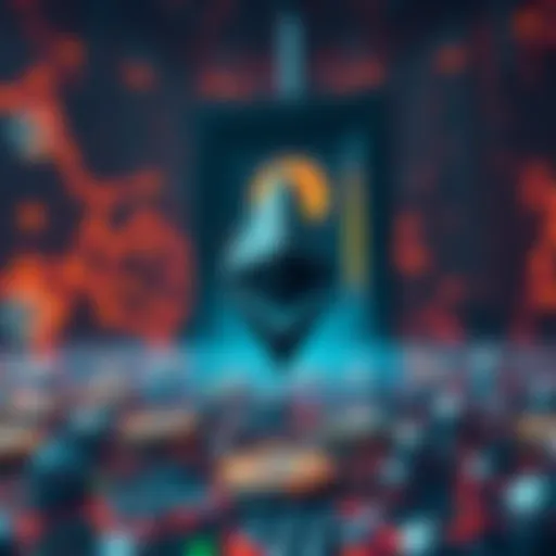 A visual representation of Ethereum's blockchain with a looming quantum computer in the background, symbolizing the risks of quantum technology to digital security.