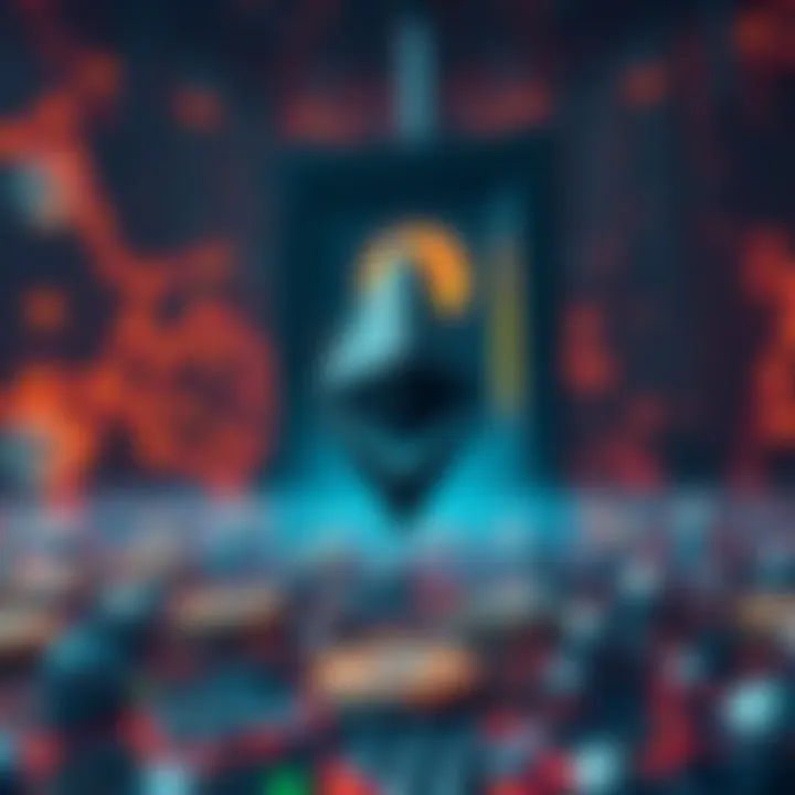 A visual representation of Ethereum's blockchain with a looming quantum computer in the background, symbolizing the risks of quantum technology to digital security.