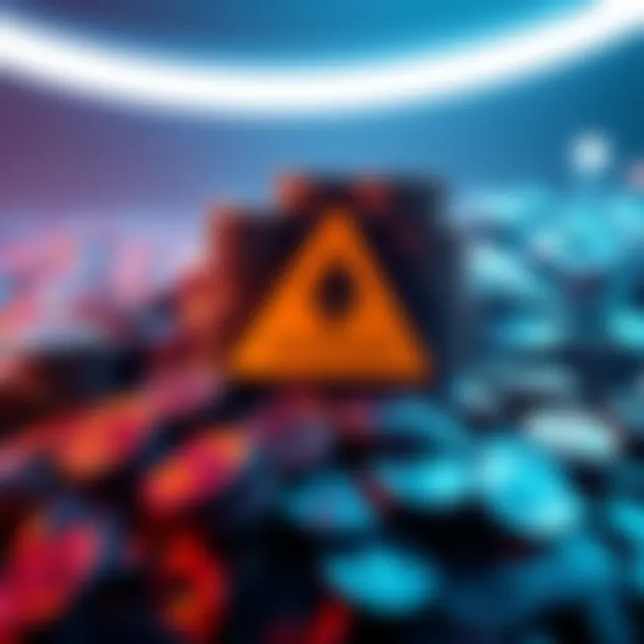 A graphic showing a large pile of staked ETH coins with a warning sign, symbolizing security risks in Ethereum's staking system