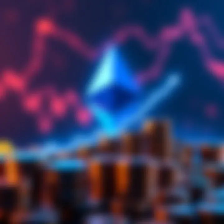 Ethereum Staking Milestone Visual representation of Ethereum logo with a graph showing growth and 40.3 million ETH symbolically represented as coins stacked up, indicating high staking participation.